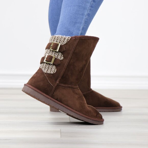 Brown Warm Sherpa Boots Flat Winter Booties Lining Inside Mid Calf - Picture 4 of 11